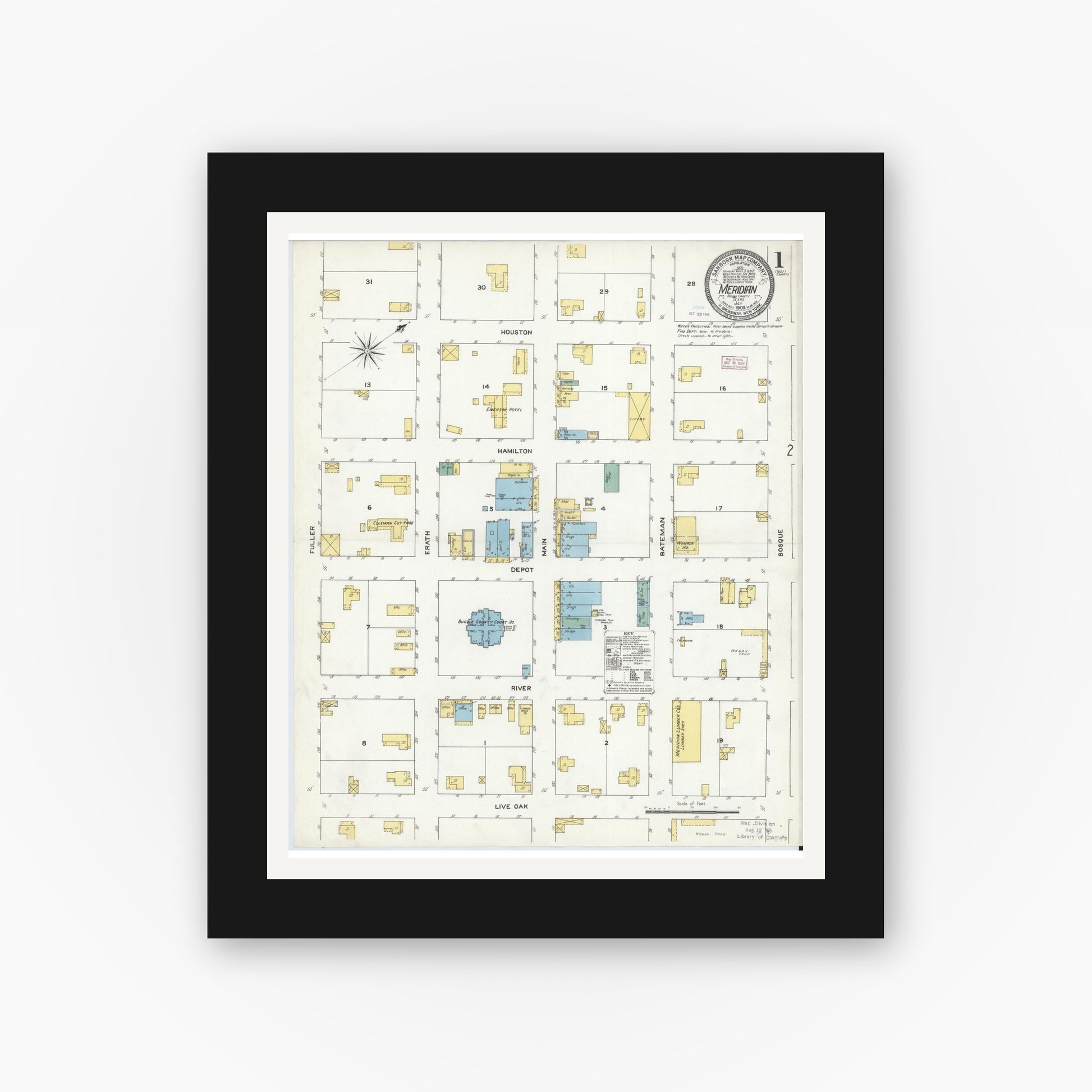 Old map wall art mockup — black gallery frame with white mat — Sanborn Fire Insurance Map from Meridian, Bosque County, Texas (1909), Sheet #0001