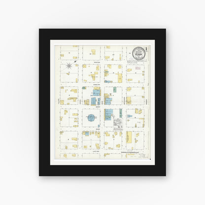Old map wall art mockup — black gallery frame with white mat — Sanborn Fire Insurance Map from Meridian, Bosque County, Texas (1909), Sheet #0001