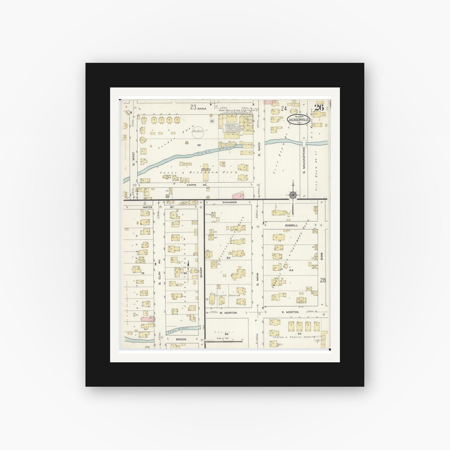 Old map wall art mockup — black gallery frame with white mat — Sanborn Fire Insurance Map from Jacksonville, Morgan County, Illinois (1914), Sheet #0026