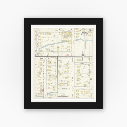 Old map wall art mockup — black gallery frame with white mat — Sanborn Fire Insurance Map from Jacksonville, Morgan County, Illinois (1914), Sheet #0026
