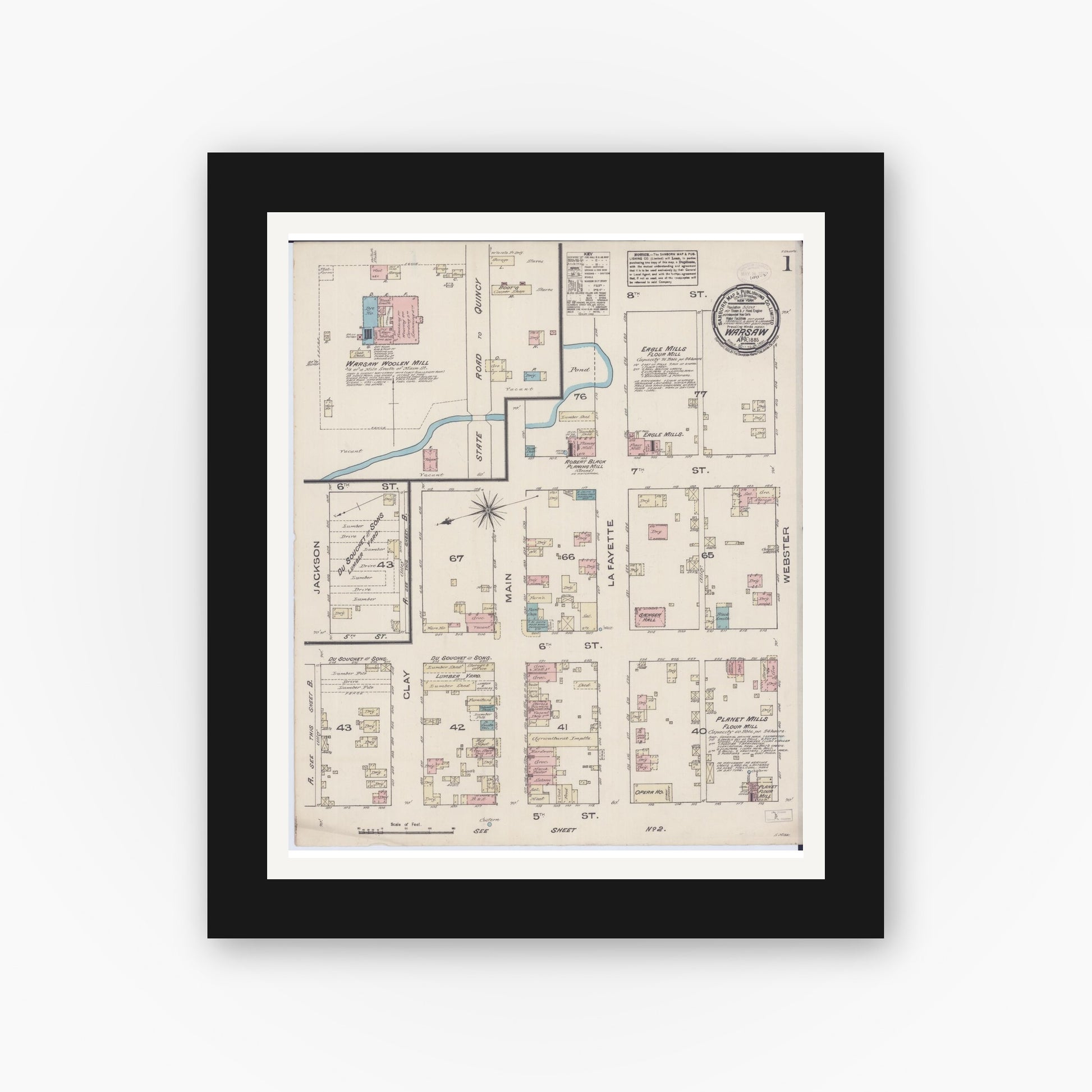 Old map wall art mockup — black gallery frame with white mat — Sanborn Fire Insurance Map from Warsaw, Hancock County, Illinois (1885), Sheet #0001
