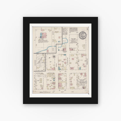 Old map wall art mockup — black gallery frame with white mat — Sanborn Fire Insurance Map from Warsaw, Hancock County, Illinois (1885), Sheet #0001