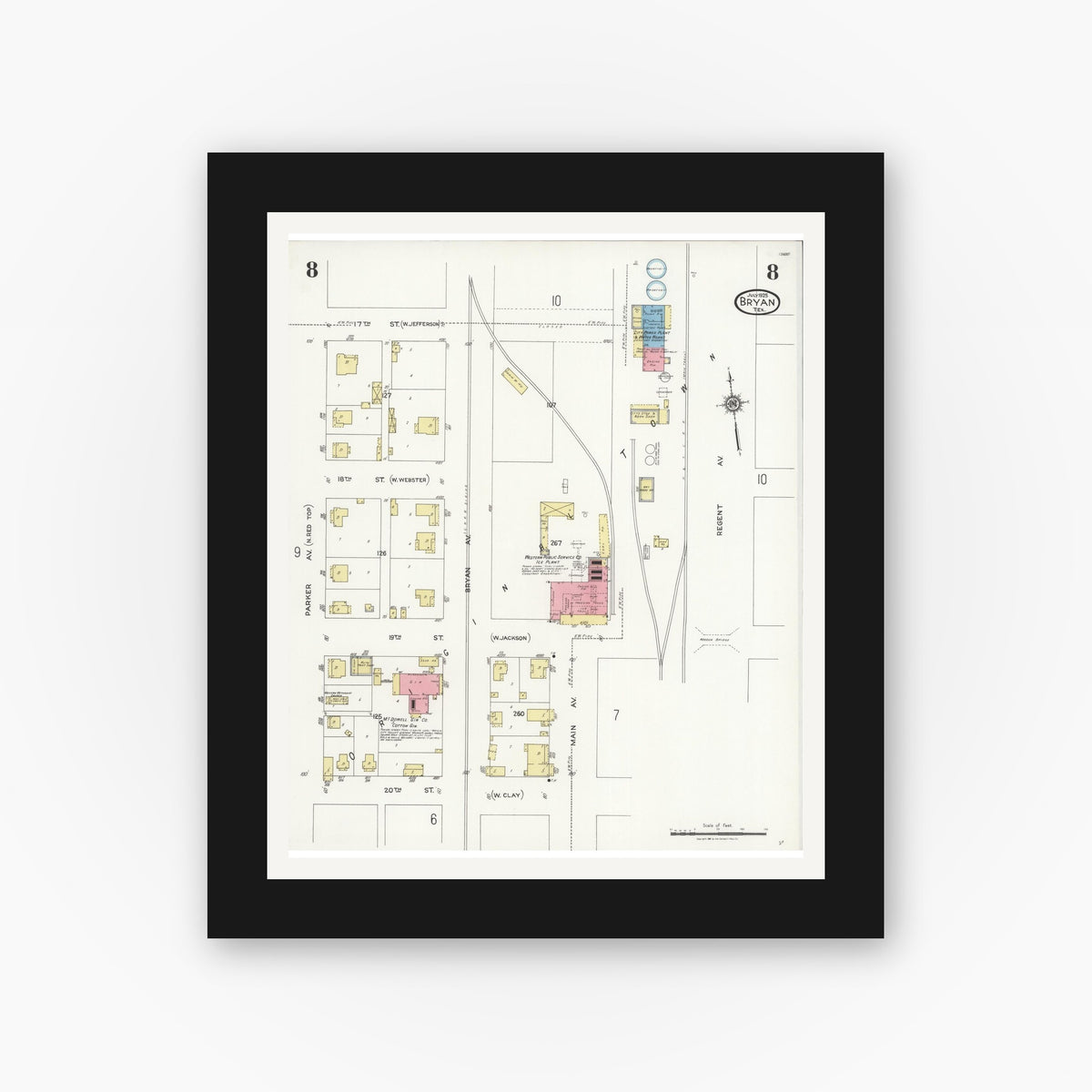 Old map wall art mockup — black gallery frame with white mat — Sanborn Fire Insurance Map from Bryan, Brazos County, Texas (1925), Sheet #0008