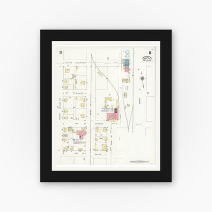 Old map wall art mockup — black gallery frame with white mat — Sanborn Fire Insurance Map from Bryan, Brazos County, Texas (1925), Sheet #0008