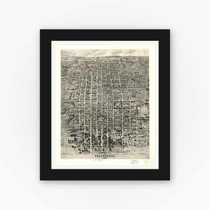Old map wall art mockup — black gallery frame with white mat — Aero-view of Tallahassee 1926. (1926)