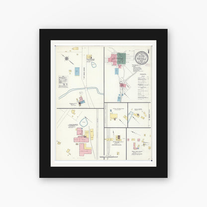 Old map wall art mockup — black gallery frame with white mat — Sanborn Fire Insurance Map from Huntsville, Randolph County, Missouri (1910), Sheet #0001