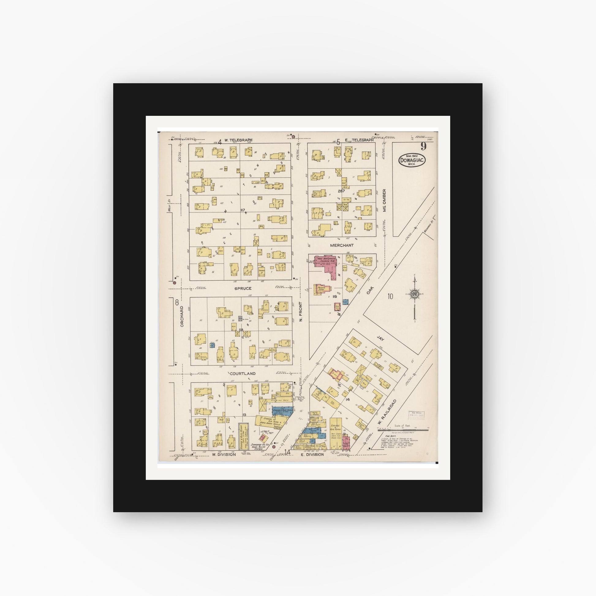 Old map wall art mockup — black gallery frame with white mat — Sanborn Fire Insurance Map from Dowagiac, Cass County, Michigan (1922), Sheet #0009