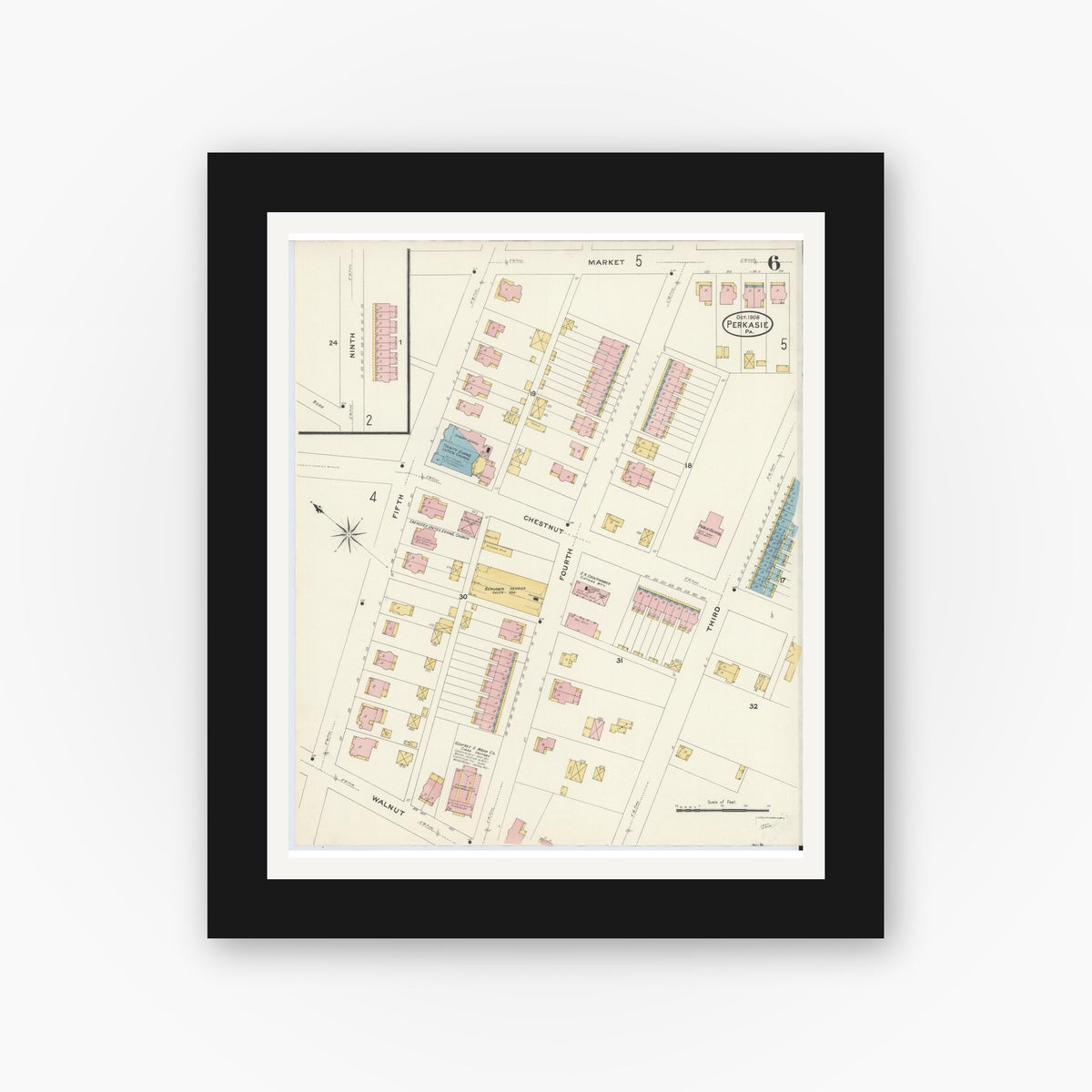 Old map wall art mockup — black gallery frame with white mat — Sanborn Fire Insurance Map from Perkasie, Bucks County, Pennsylvania (1908), Sheet #0006