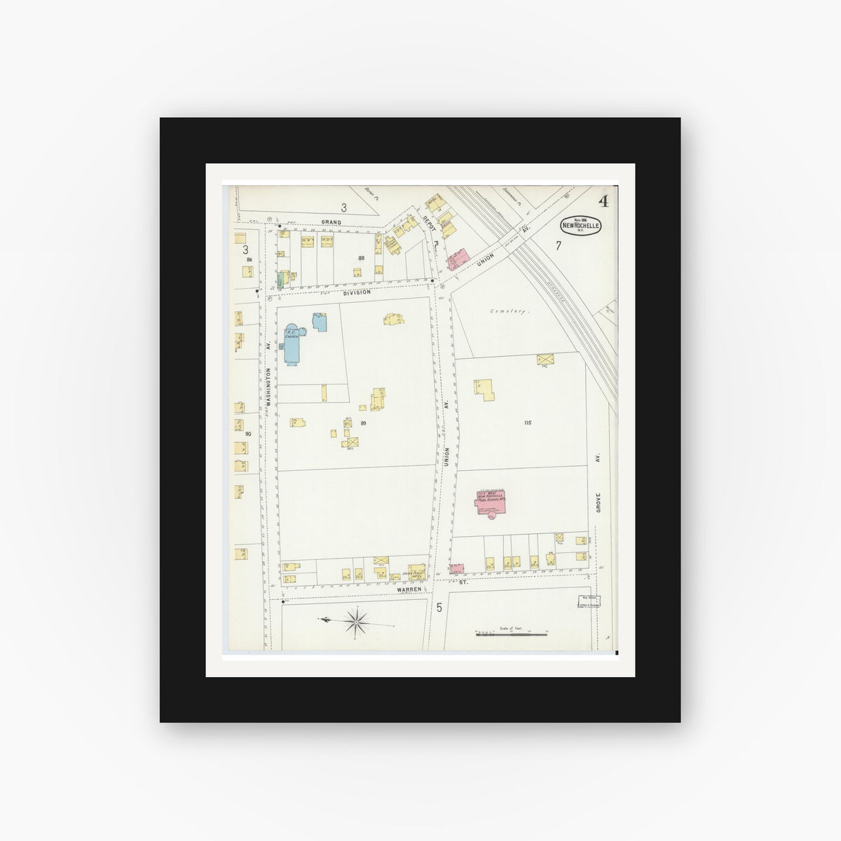 Old map wall art mockup — black gallery frame with white mat — Sanborn Fire Insurance Map from New Rochelle, Westchester County, New York (1896), Sheet #0004