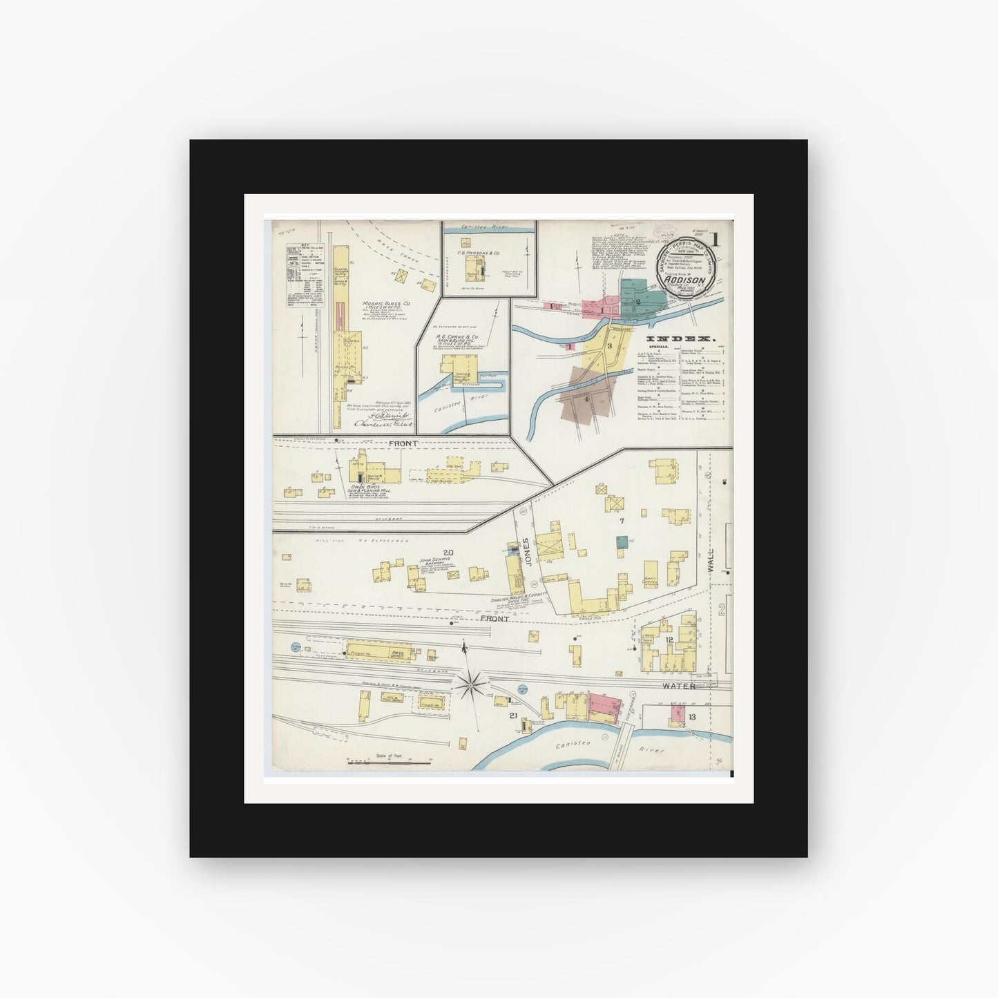 Old map wall art mockup — black gallery frame with white mat — Sanborn Fire Insurance Map from Addison, Steuben County, New York (1893), Sheet #0001