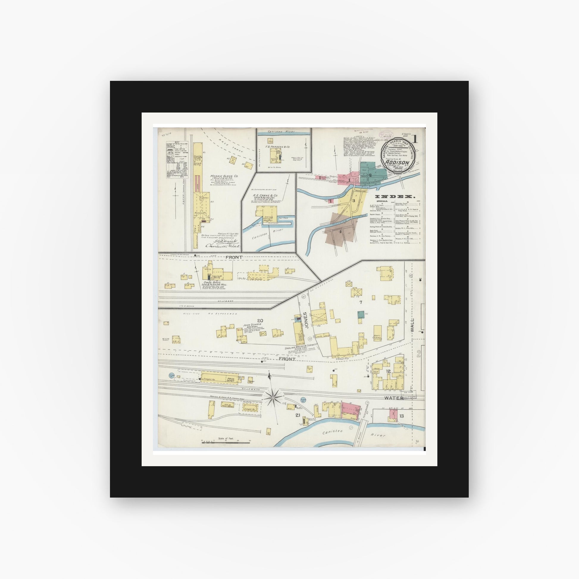 Old map wall art mockup — black gallery frame with white mat — Sanborn Fire Insurance Map from Addison, Steuben County, New York (1893), Sheet #0001