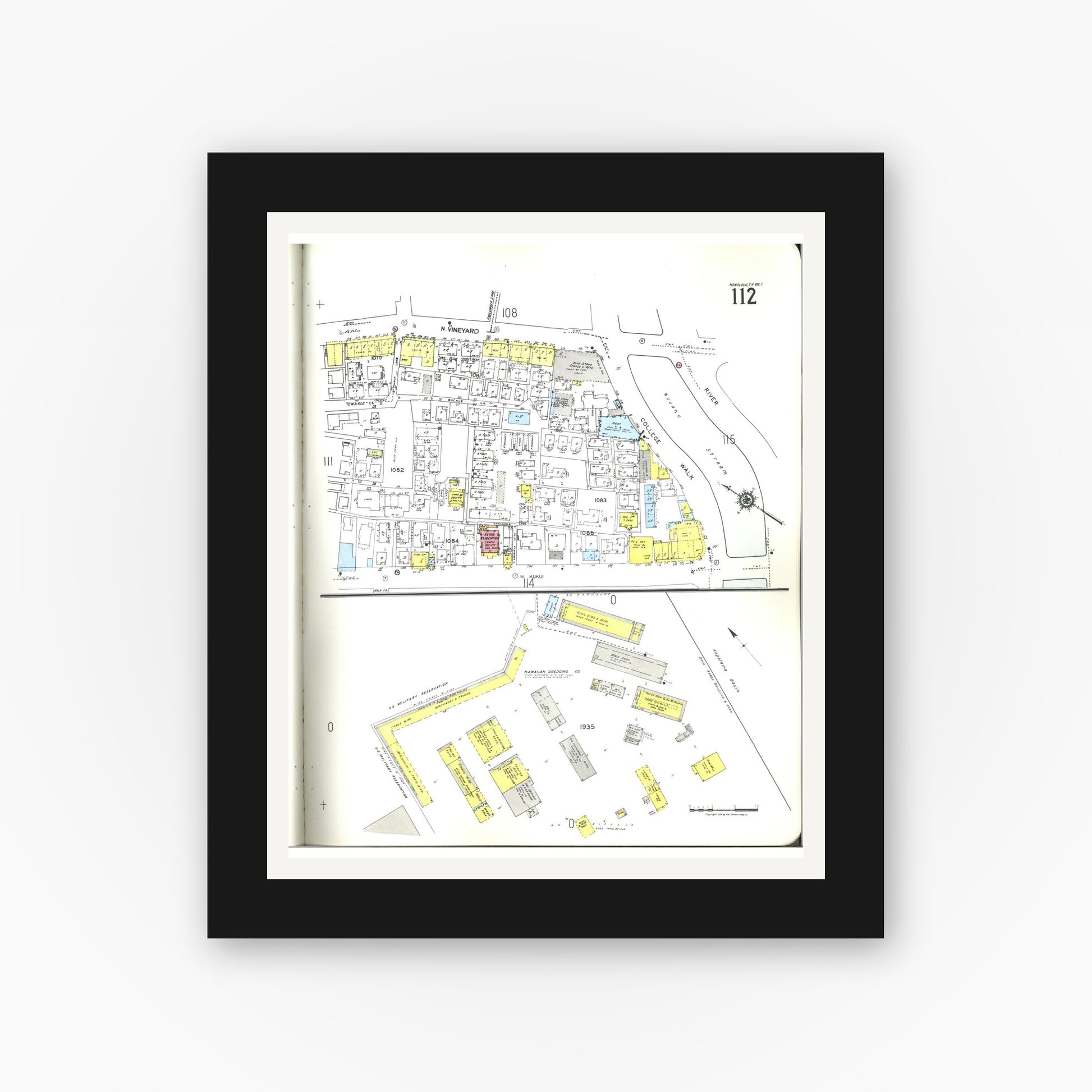 Old map wall art mockup — black gallery frame with white mat — Sanborn Fire Insurance Map from Honolulu, Oahu County, Hawaii (1955), Sheet #0112