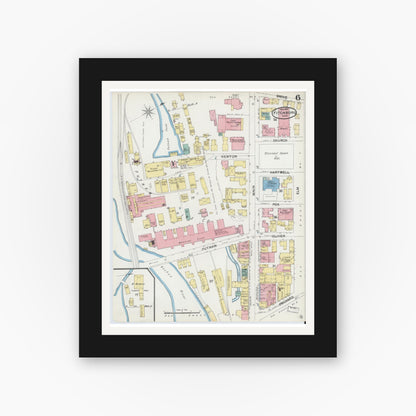 Old map wall art mockup — black gallery frame with white mat — Sanborn Fire Insurance Map from Fitchburg, Worcester County, Massachusetts (1892), Sheet #0006