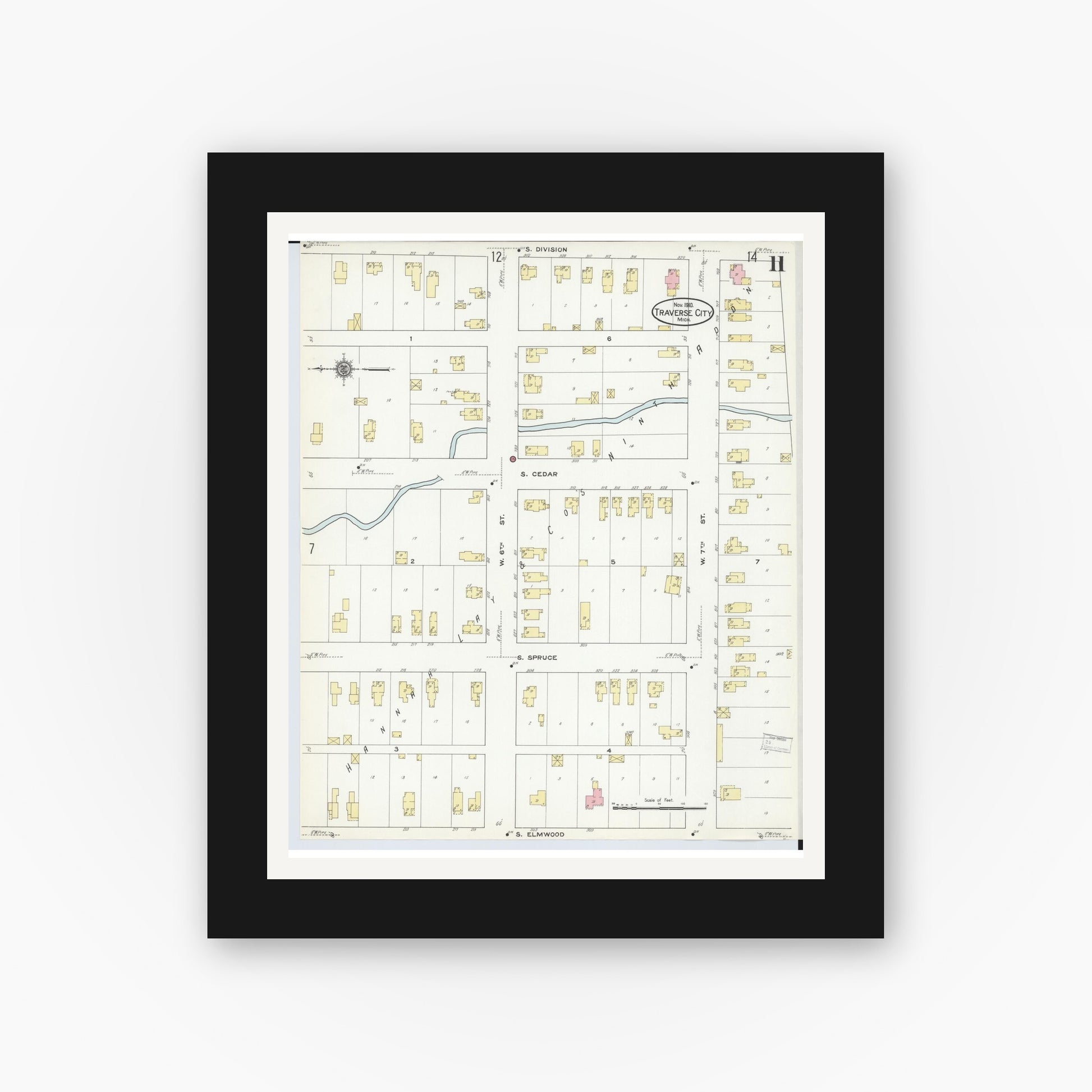 Old map wall art mockup — black gallery frame with white mat — Sanborn Fire Insurance Map from Traverse City, Grand Traverse County, Michigan (1910), Sheet #0011