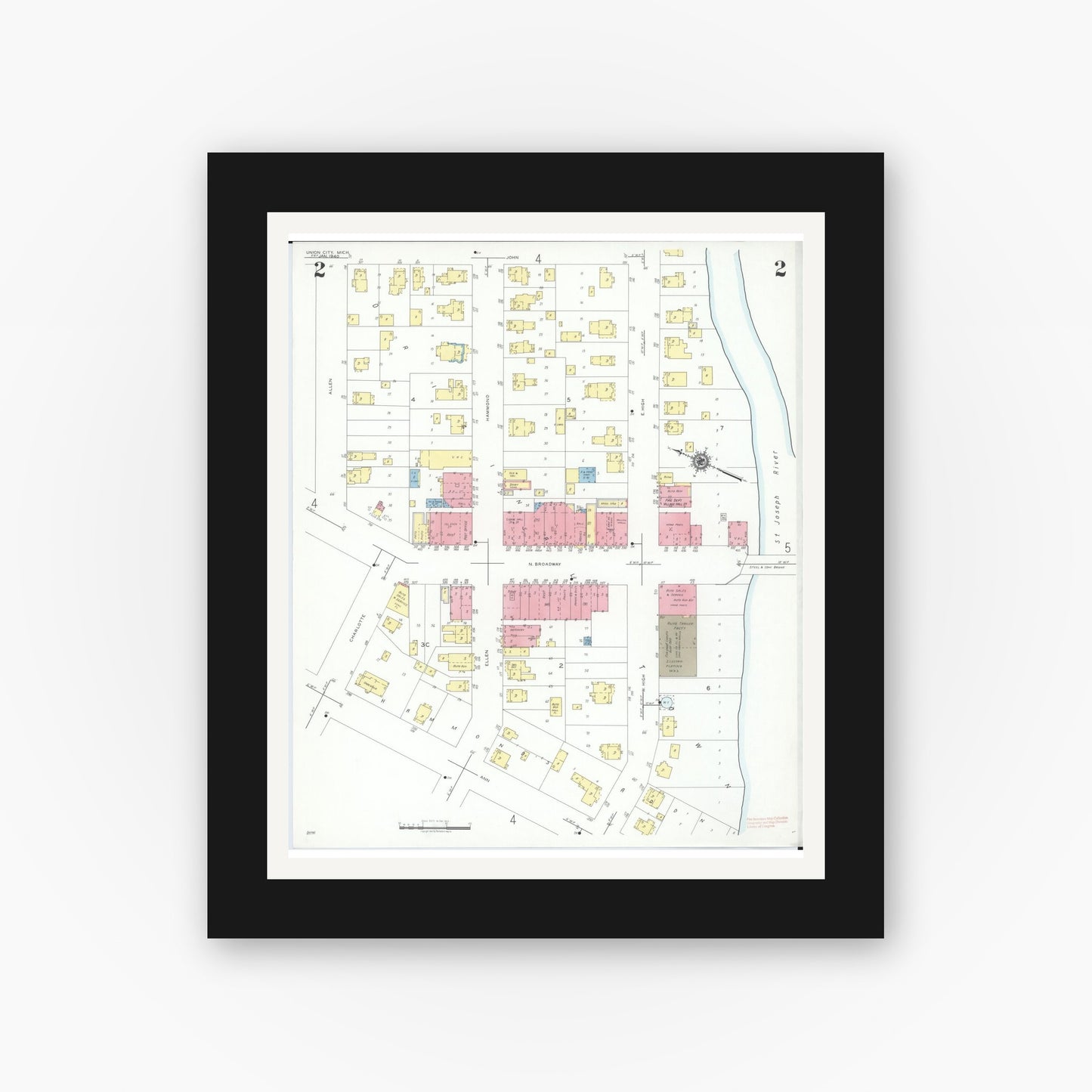 Old map wall art mockup — black gallery frame with white mat — Sanborn Fire Insurance Map from Union City, Branch And Calhoun Counties, Michigan (1940), Sheet #0002
