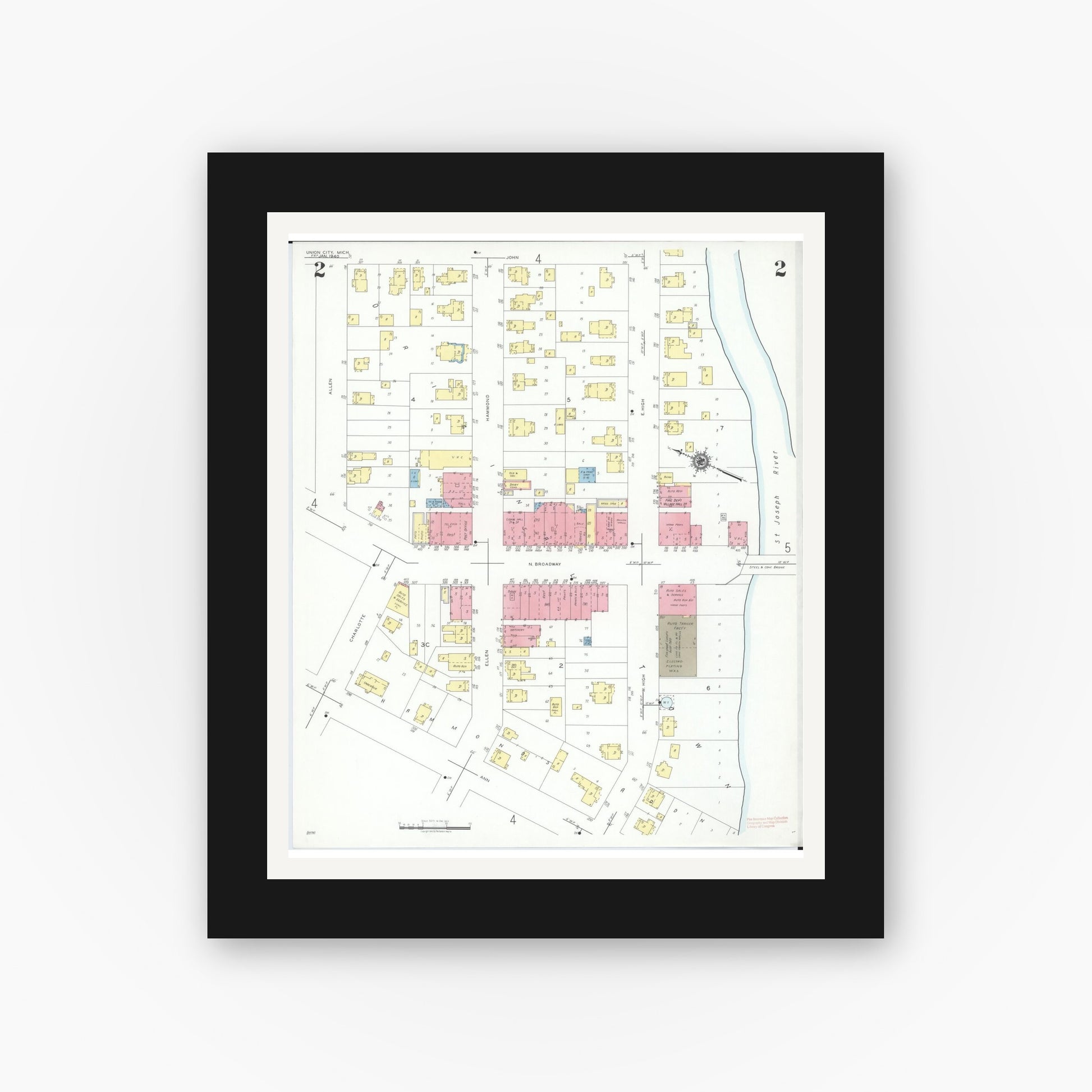 Old map wall art mockup — black gallery frame with white mat — Sanborn Fire Insurance Map from Union City, Branch And Calhoun Counties, Michigan (1940), Sheet #0002