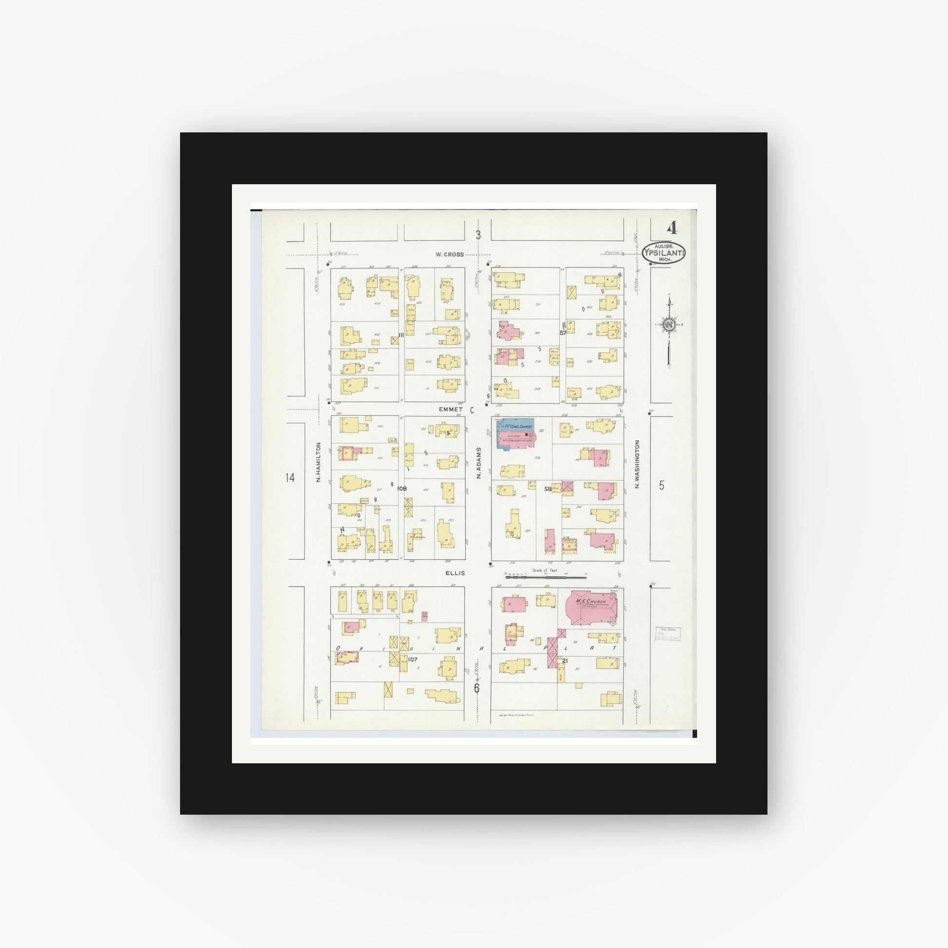 Old map wall art mockup — black gallery frame with white mat — Sanborn Fire Insurance Map from Ypsilanti, Washtenaw County, Michigan (1916), Sheet #0004