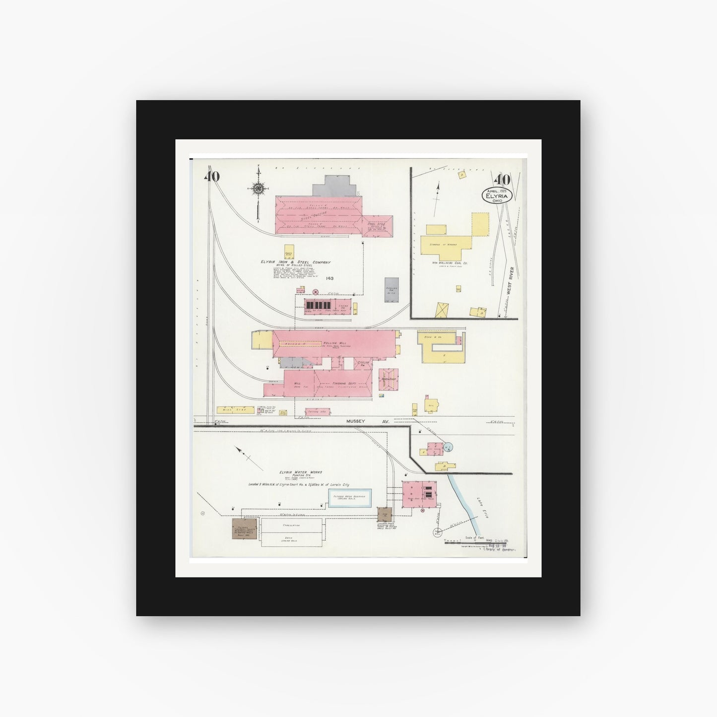 Old map wall art mockup — black gallery frame with white mat — Sanborn Fire Insurance Map from Elyria, Lorain County, Ohio (1925), Sheet #0040