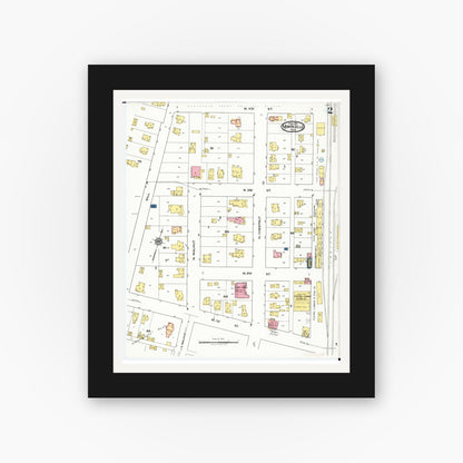 Old map wall art mockup — black gallery frame with white mat — Sanborn Fire Insurance Map from Monticello, Jones County, Iowa (1921), Sheet #0002