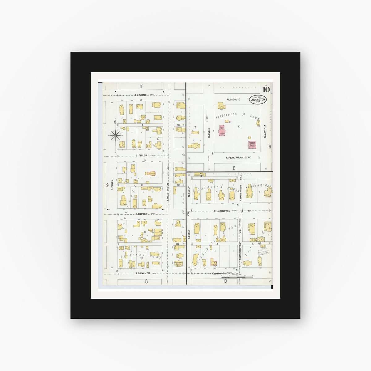 Old map wall art mockup — black gallery frame with white mat — Sanborn Fire Insurance Map from Ludington, Mason County, Michigan (1900), Sheet #0010
