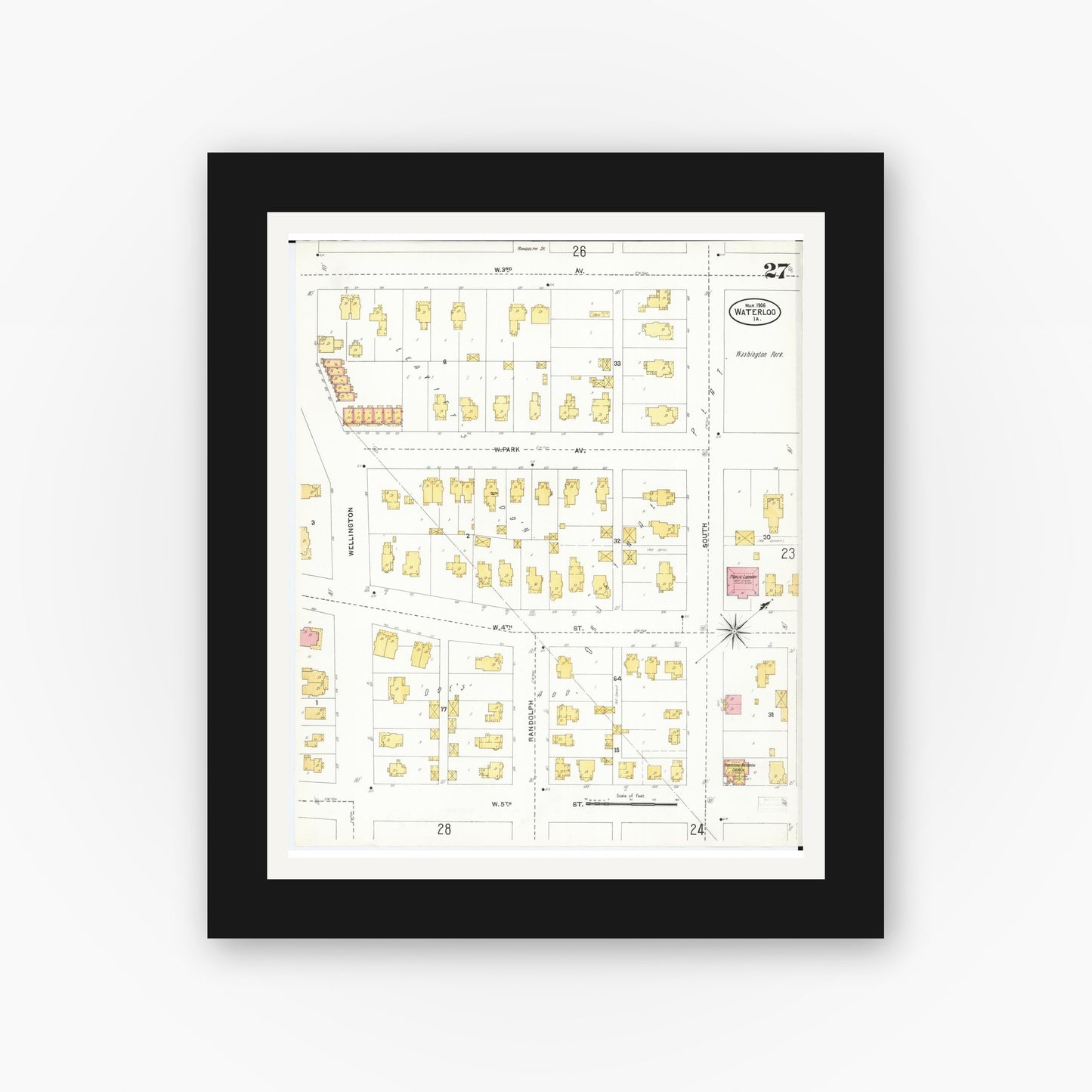 Old map wall art mockup — black gallery frame with white mat — Sanborn Fire Insurance Map from Waterloo, Black Hawk County, Iowa (1906), Sheet #0027