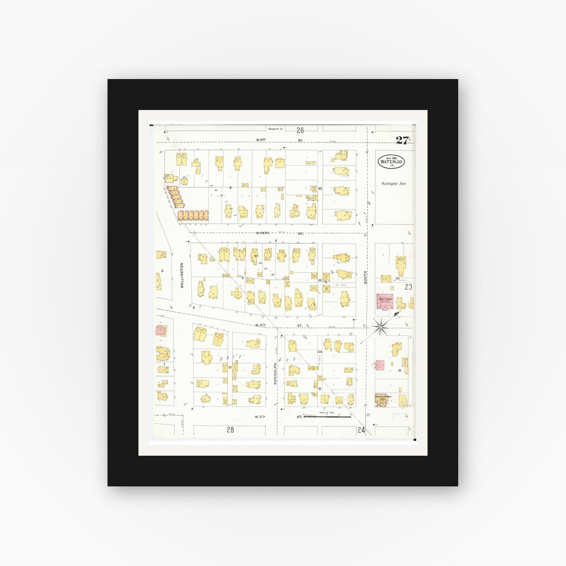 Old map wall art mockup — black gallery frame with white mat — Sanborn Fire Insurance Map from Waterloo, Black Hawk County, Iowa (1906), Sheet #0027