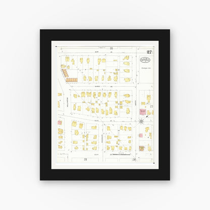 Old map wall art mockup — black gallery frame with white mat — Sanborn Fire Insurance Map from Waterloo, Black Hawk County, Iowa (1906), Sheet #0027