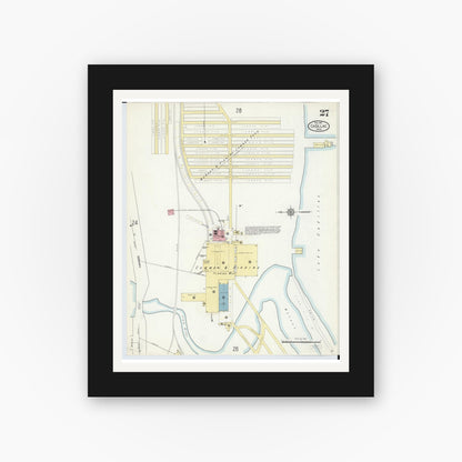 Old map wall art mockup — black gallery frame with white mat — Sanborn Fire Insurance Map from Cadillac, Wexford County, Michigan (1914), Sheet #0027