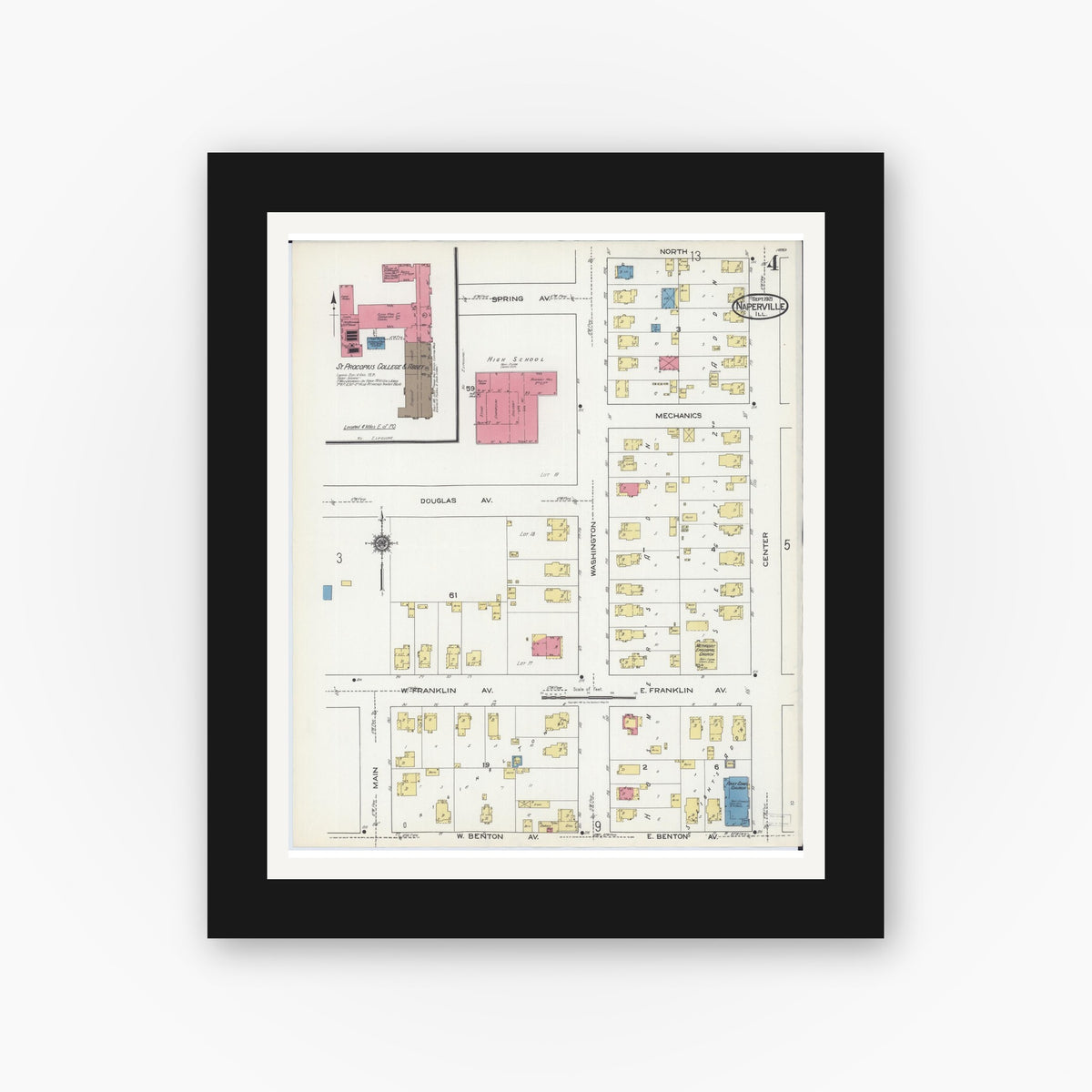 Old map wall art mockup — black gallery frame with white mat — Sanborn Fire Insurance Map from Naperville, Du Page County, Illinois (1921), Sheet #0004