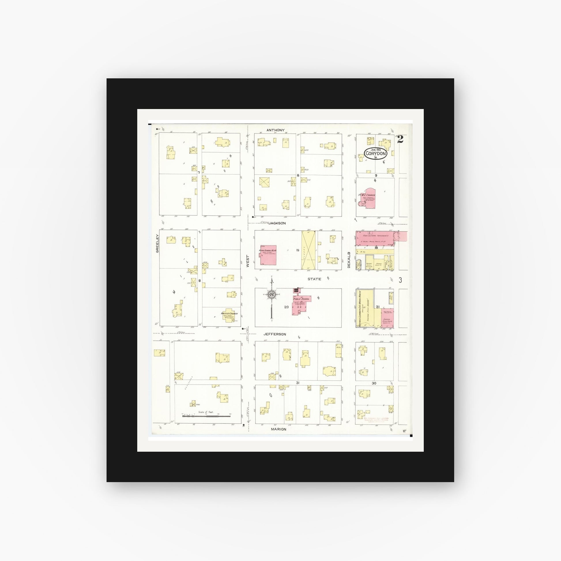 Old map wall art mockup — black gallery frame with white mat — Sanborn Fire Insurance Map from Corydon, Wayne County, Iowa (1913), Sheet #0002