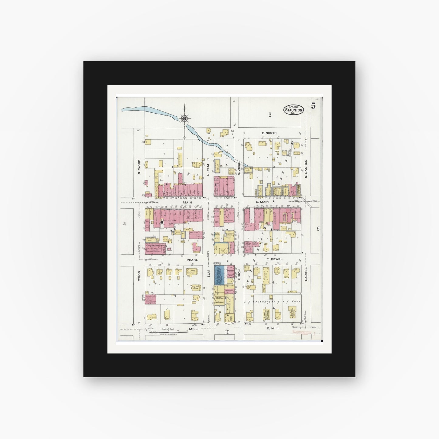 Old map wall art mockup — black gallery frame with white mat — Sanborn Fire Insurance Map from Staunton, Macoupin County, Illinois (1921), Sheet #0005
