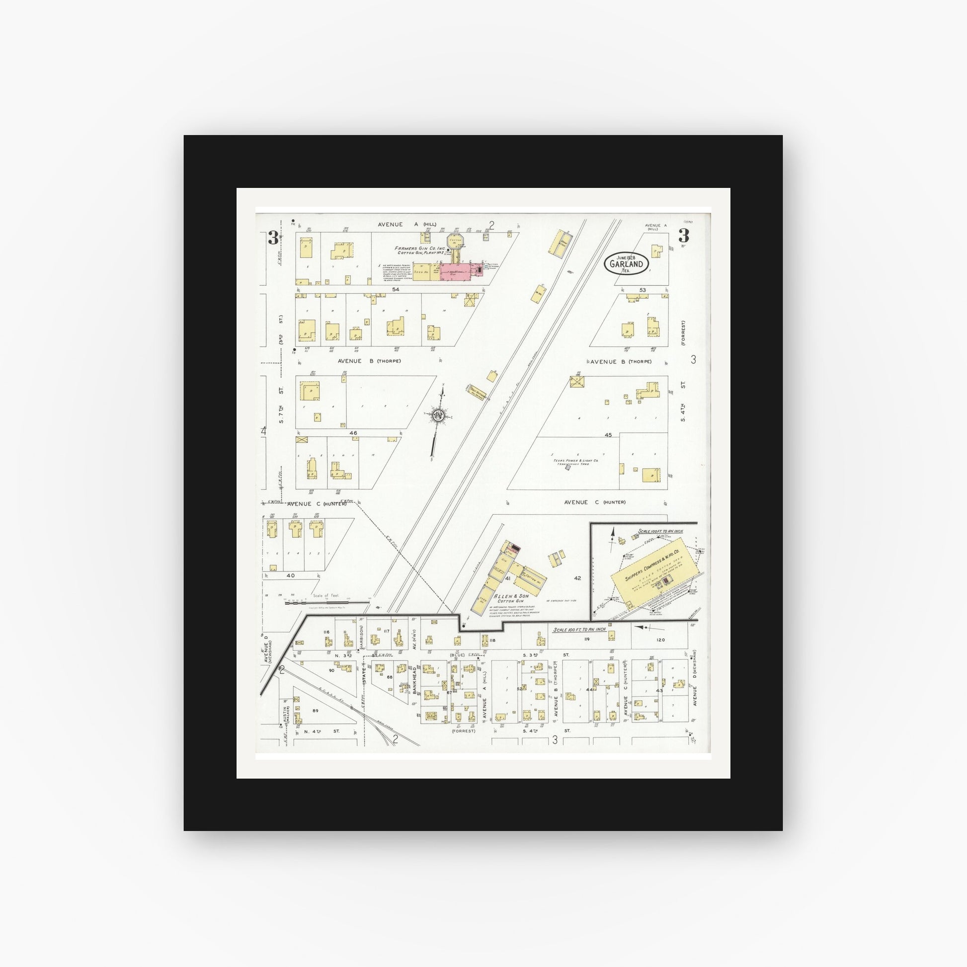 Old map wall art mockup — black gallery frame with white mat — Sanborn Fire Insurance Map from Garland, Dallas County, Texas (1928), Sheet #0003