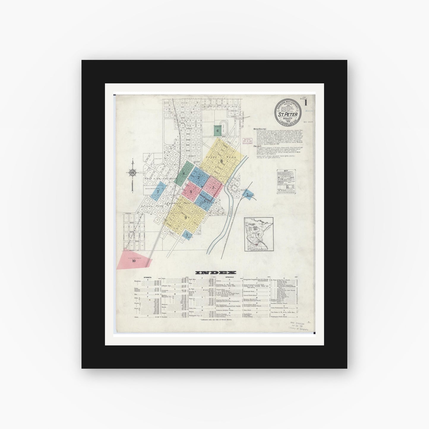 Old map wall art mockup — black gallery frame with white mat — Sanborn Fire Insurance Map from Saint Peter, Nicollet County, Minnesota (1914), Sheet #0001