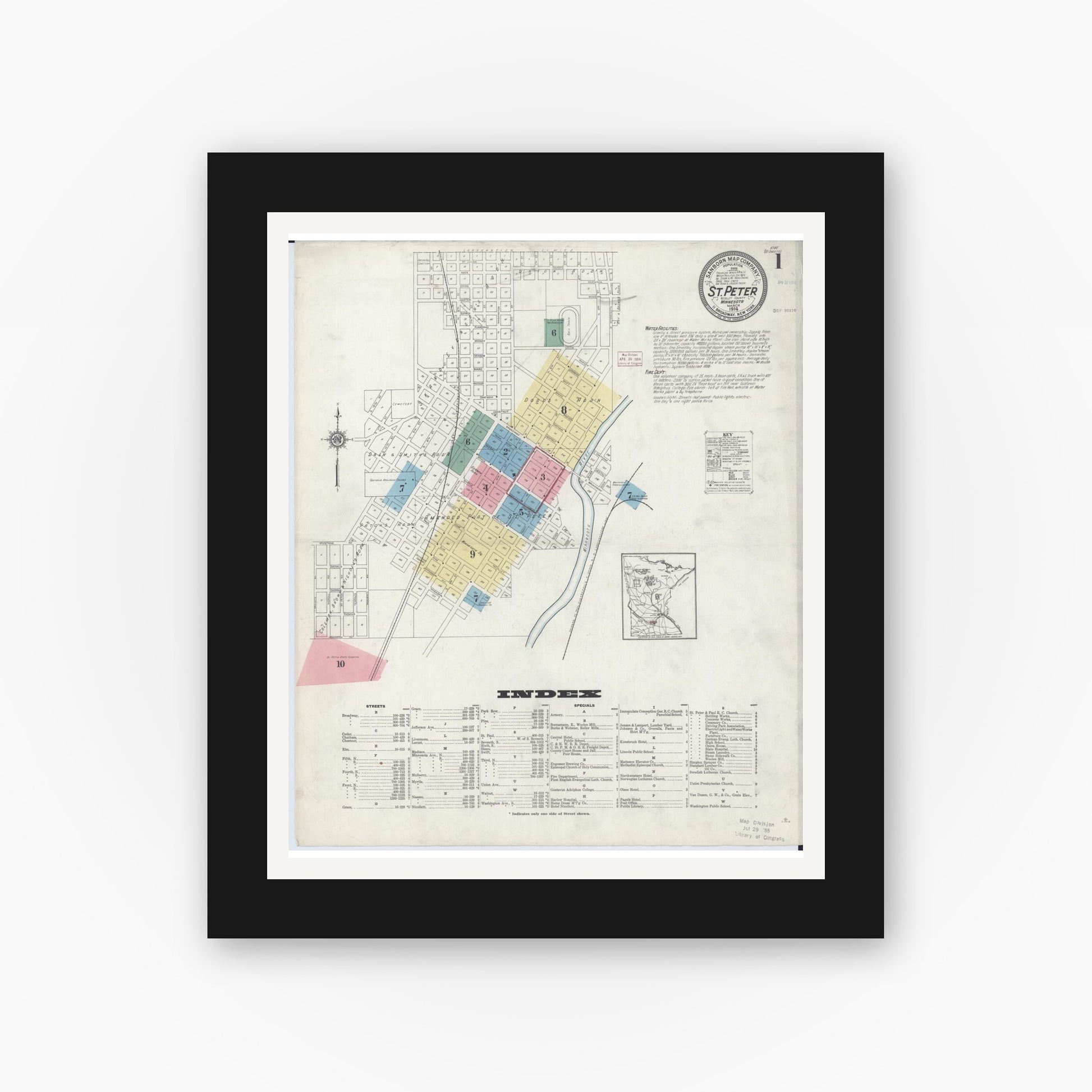Old map wall art mockup — black gallery frame with white mat — Sanborn Fire Insurance Map from Saint Peter, Nicollet County, Minnesota (1914), Sheet #0001