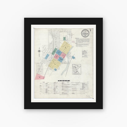 Old map wall art mockup — black gallery frame with white mat — Sanborn Fire Insurance Map from Saint Peter, Nicollet County, Minnesota (1914), Sheet #0001