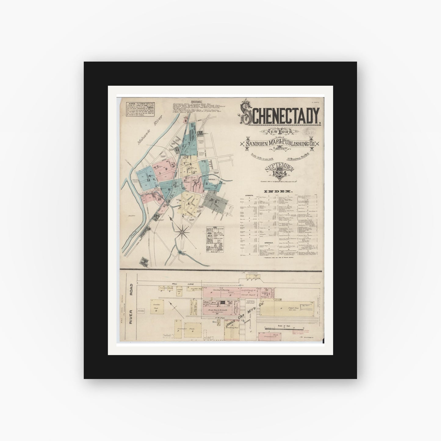 Old map wall art mockup — black gallery frame with white mat — Sanborn Fire Insurance Map from Schenectady, Schenectady County, New York (1884) - Complete Map Set