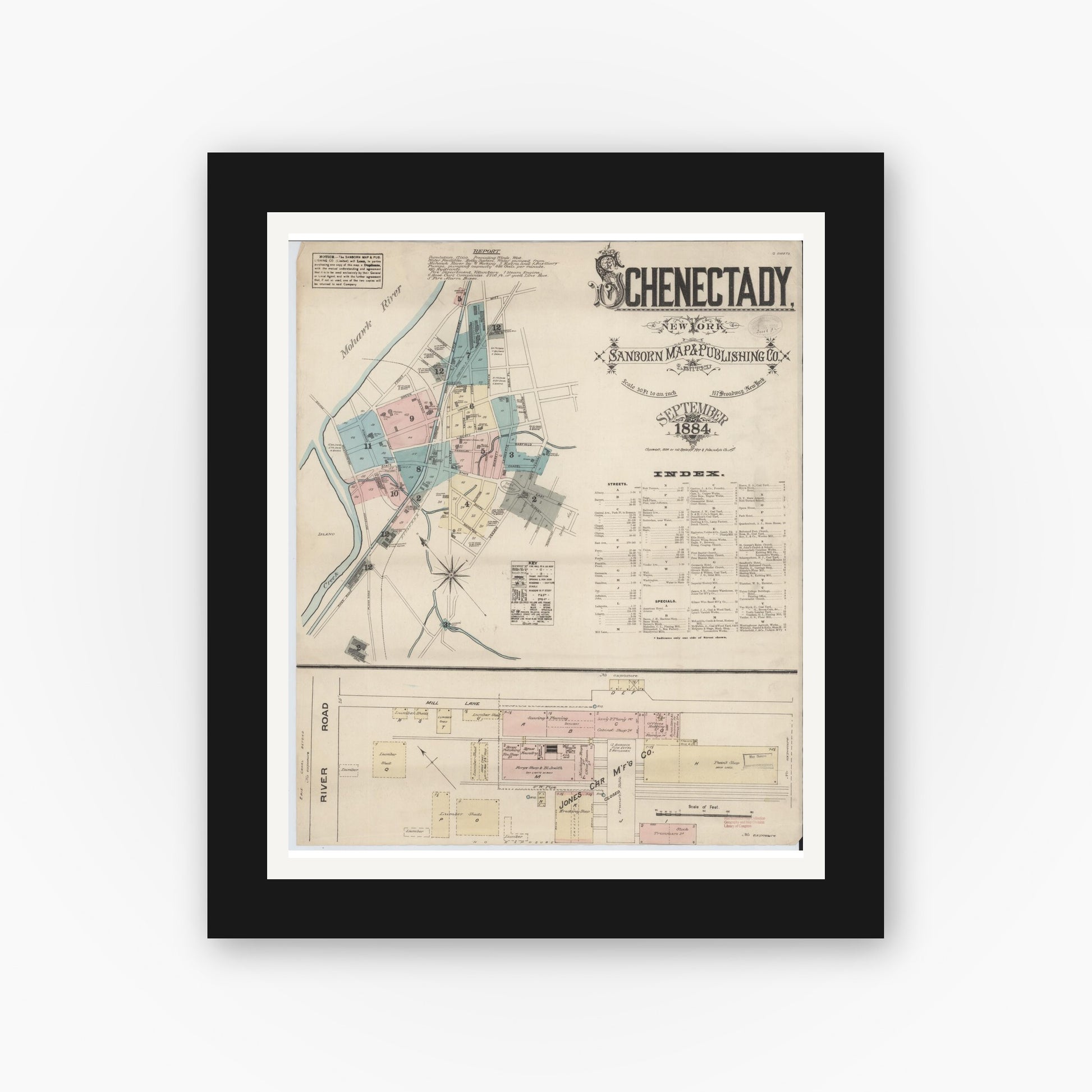 Old map wall art mockup — black gallery frame with white mat — Sanborn Fire Insurance Map from Schenectady, Schenectady County, New York (1884) - Complete Map Set
