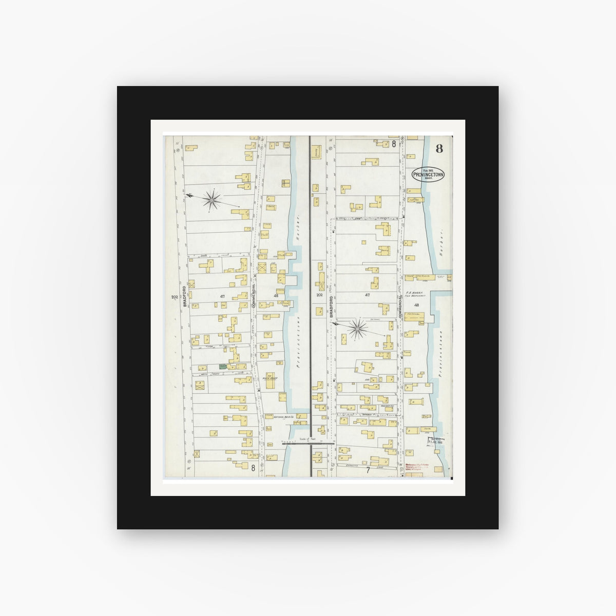 Old map wall art mockup — black gallery frame with white mat — Sanborn Fire Insurance Map from Provincetown, Barnstable County, Massachusetts (1902), Sheet #0008