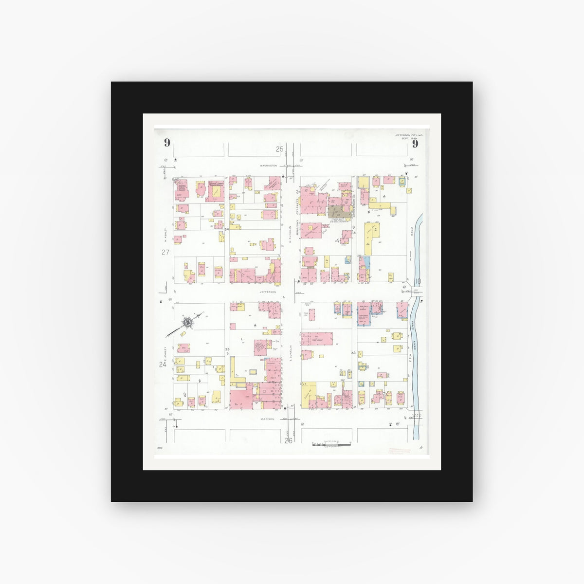 Old map wall art mockup — black gallery frame with white mat — Sanborn Fire Insurance Map from Jefferson City, Cole County, Missouri (1939), Sheet #0009