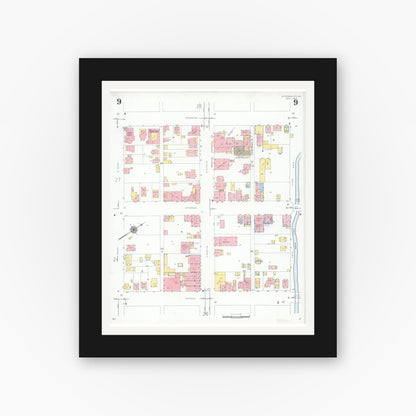 Old map wall art mockup — black gallery frame with white mat — Sanborn Fire Insurance Map from Jefferson City, Cole County, Missouri (1939), Sheet #0009