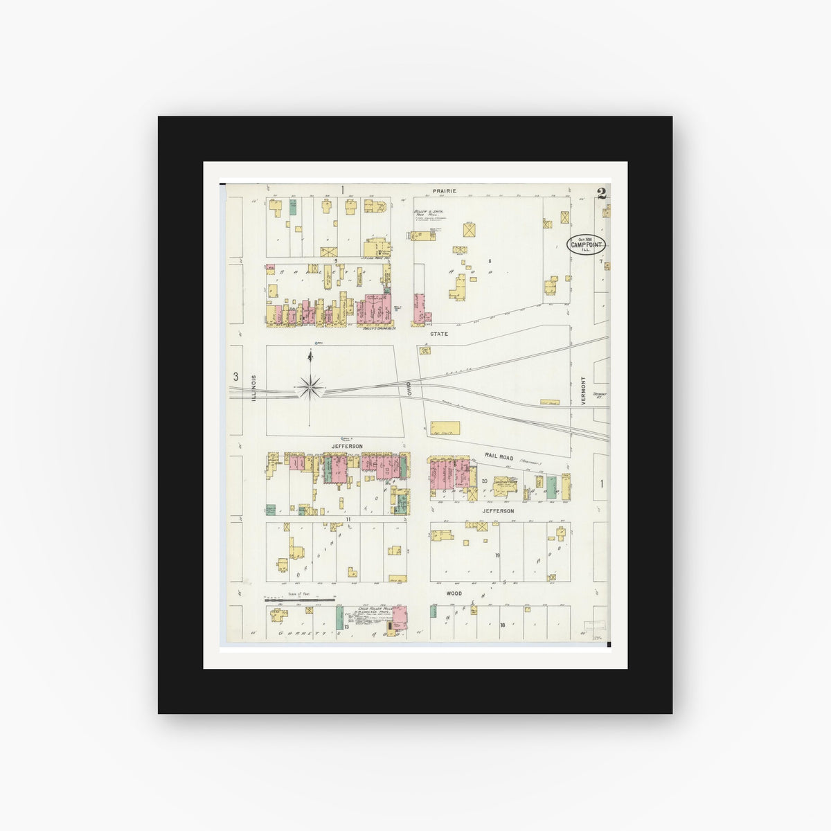 Old map wall art mockup — black gallery frame with white mat — Sanborn Fire Insurance Map from Camp Point, Adams County, Illinois (1898), Sheet #0002