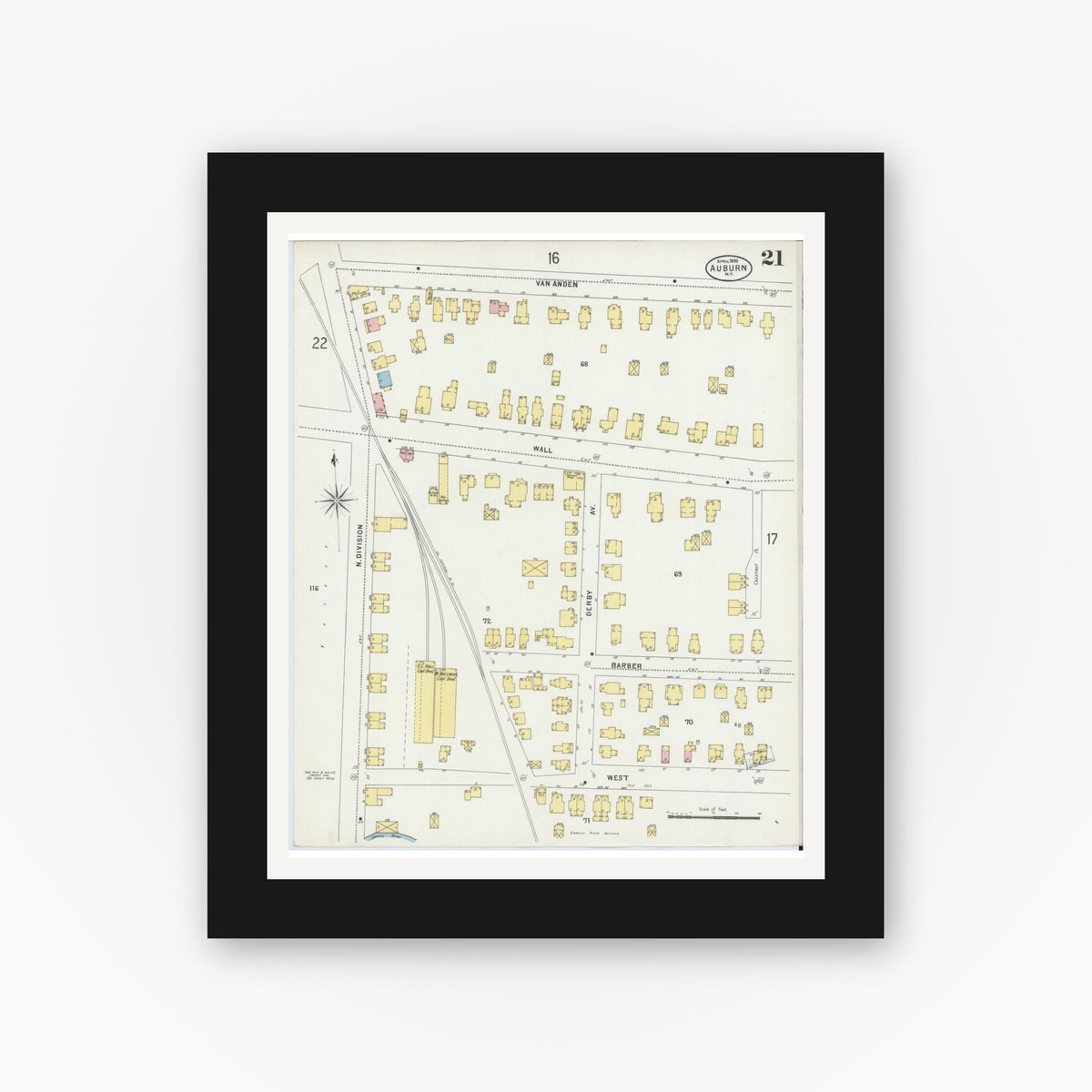 Old map wall art mockup — black gallery frame with white mat — Sanborn Fire Insurance Map from Auburn, Cayuga County, New York (1898), Sheet #0021