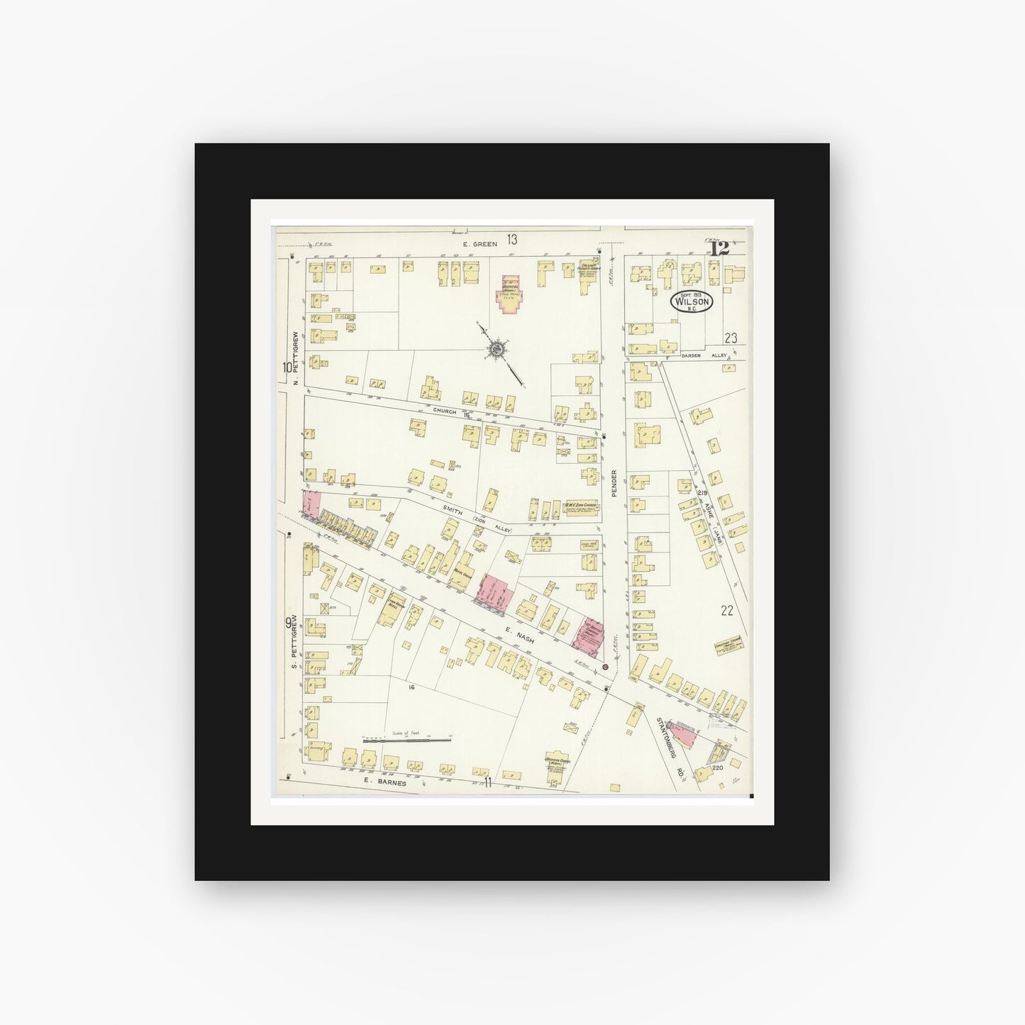 Old map wall art mockup — black gallery frame with white mat — Sanborn Fire Insurance Map from Wilson, Wilson County, North Carolina (1913), Sheet #0012