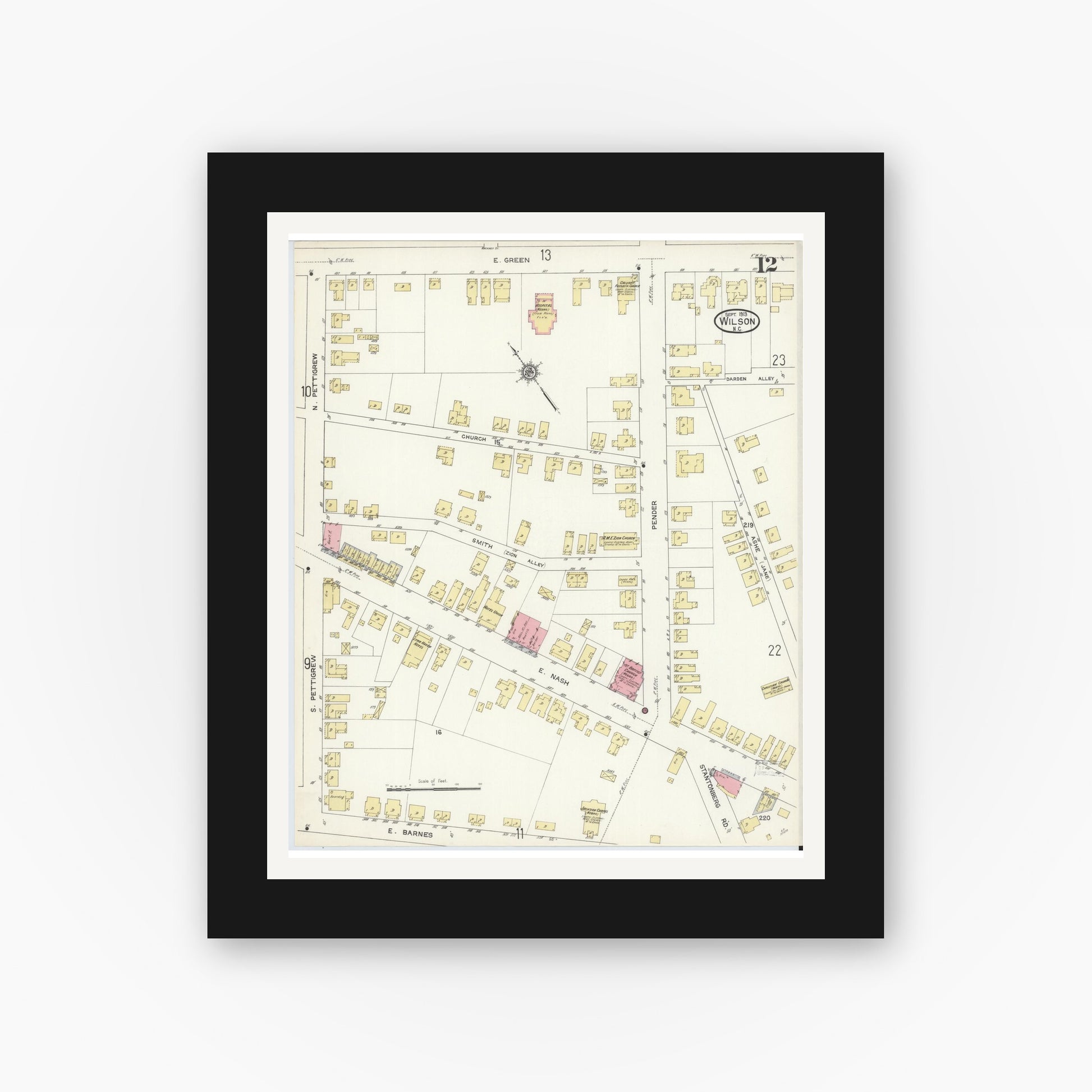 Old map wall art mockup — black gallery frame with white mat — Sanborn Fire Insurance Map from Wilson, Wilson County, North Carolina (1913), Sheet #0012