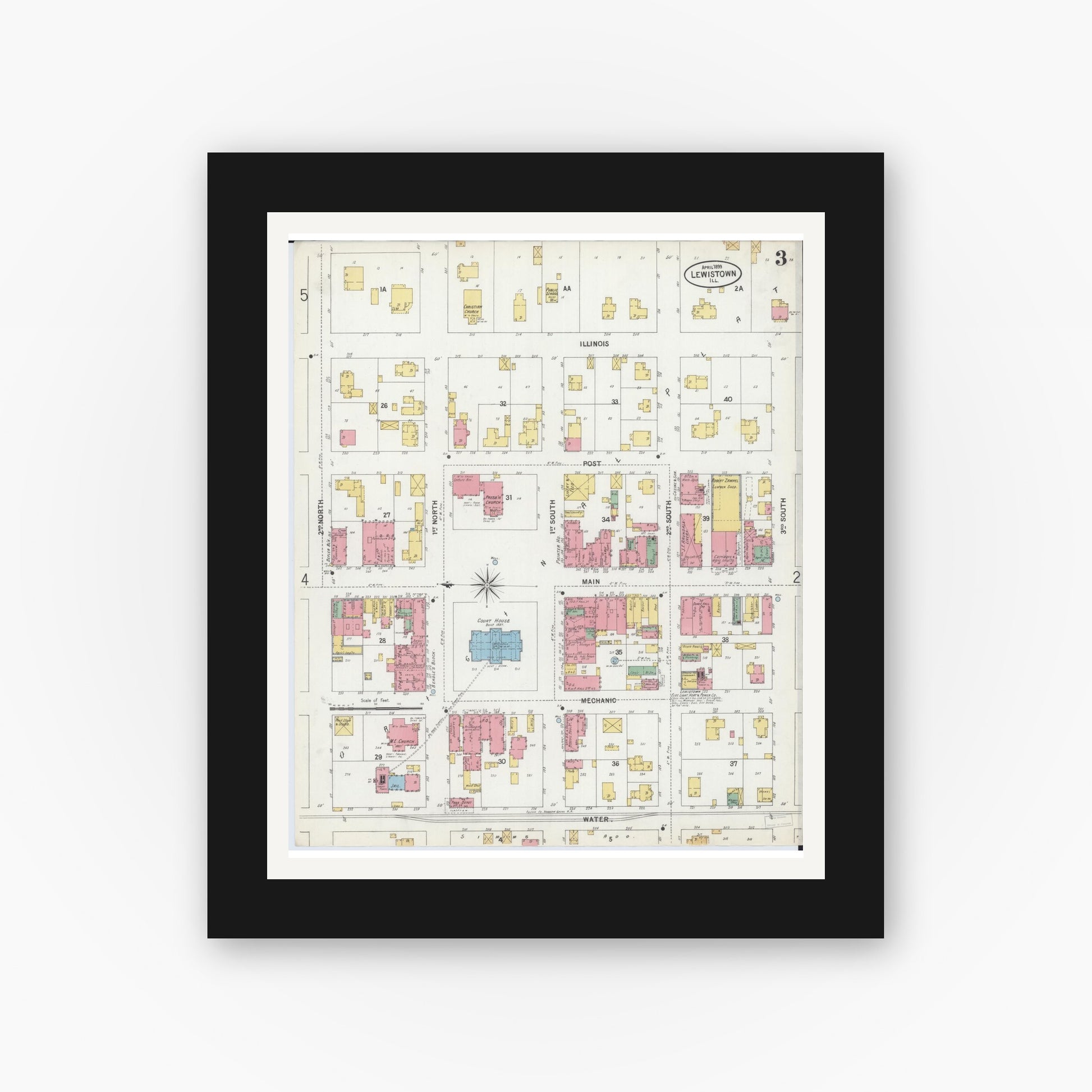Old map wall art mockup — black gallery frame with white mat — Sanborn Fire Insurance Map from Lewistown, Fulton County, Illinois (1899), Sheet #0003
