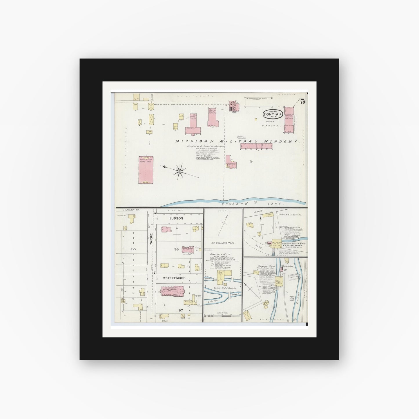 Old map wall art mockup — black gallery frame with white mat — Sanborn Fire Insurance Map from Pontiac, Oakland County, Michigan (1892), Sheet #0005