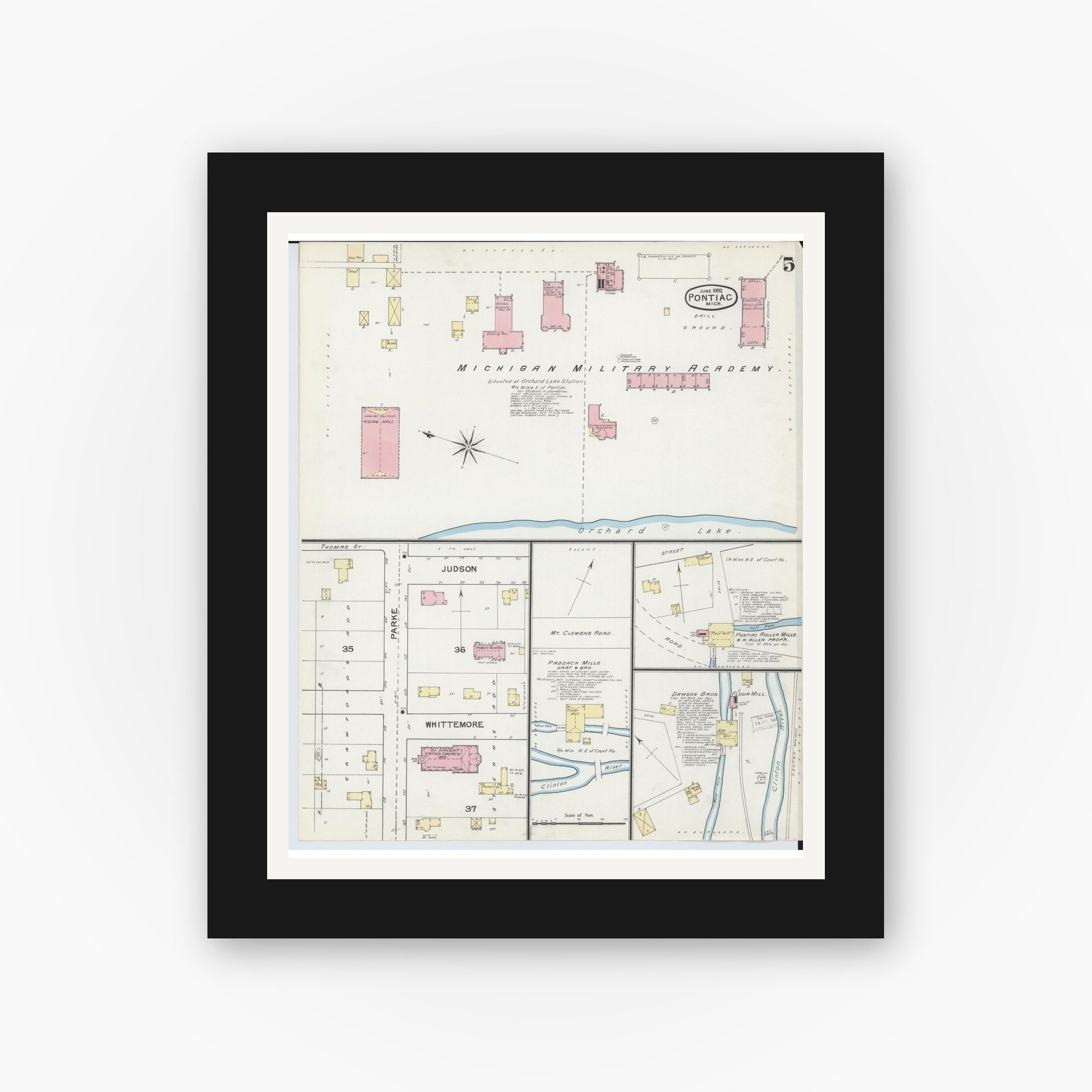 Old map wall art mockup — black gallery frame with white mat — Sanborn Fire Insurance Map from Pontiac, Oakland County, Michigan (1892), Sheet #0005