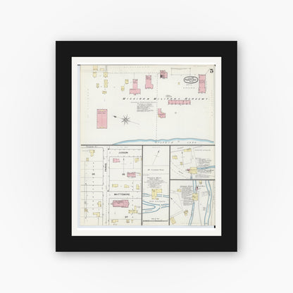 Old map wall art mockup — black gallery frame with white mat — Sanborn Fire Insurance Map from Pontiac, Oakland County, Michigan (1892), Sheet #0005