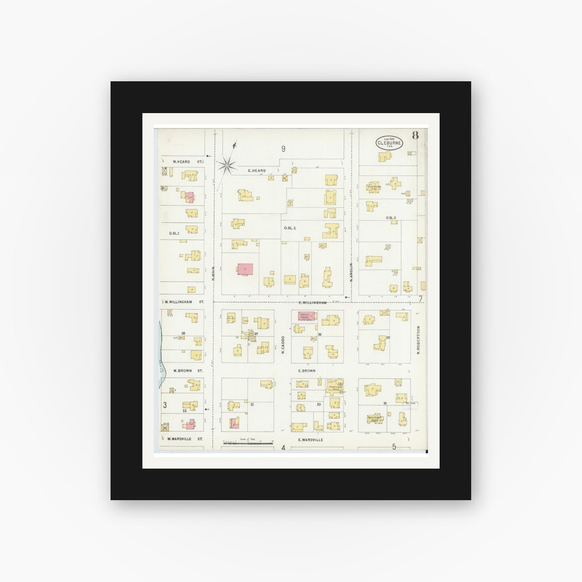 Old map wall art mockup — black gallery frame with white mat — Sanborn Fire Insurance Map from Cleburne, Johnson County, Texas (1898), Sheet #0008