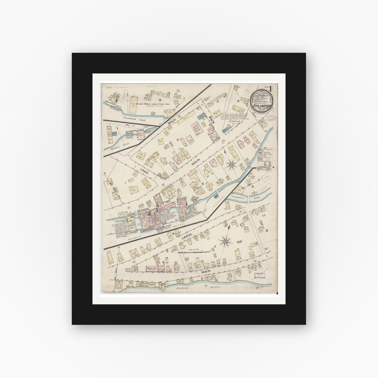 Old map wall art mockup — black gallery frame with white mat — Sanborn Fire Insurance Map from Stillwater, Saratoga County, New York (1887) - Complete Map Set
